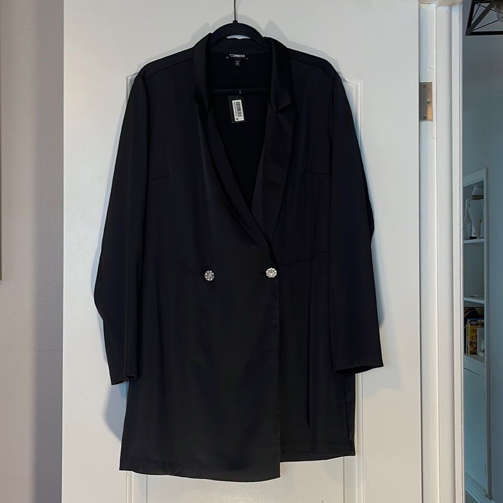Express black satin romper with jeweled buttons